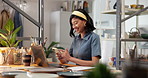 Happy, pottery and business woman with phone for social media, website update and client connection. Startup, creative and person on cellphone, internet and online for ceramic order or clay design