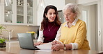 Home, laptop and senior mother with woman for retirement, investment or pension fund document. Kitchen, old person and adult daughter with help for savings, budget or loan application paperwork