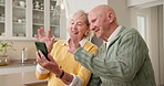 Senior, couple and wave with phone for video call, online conversation or virtual chat in kitchen. Happy, elderly man and woman talking with smile, app or technology for discussion or communication
