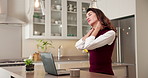 Woman, laptop and remote work in home with neck pain, fatigue or risk management for insurance job. Tired, mature person or freelancer with computer, muscle inflammation and typing for policy claims.