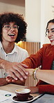 Remote work, applause or people in cafe with handstack, teamwork or motivation on sales campaign. Happy, huddle or marketing freelancer with clap, encouragement or group support for ad revenue growth