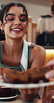 Cafe, woman and share cake with friends for breakfast, sweet offer or funny conversation together. Happy people, hungry or dessert serving at coffee shop with chocolate treat, relax and hangout
