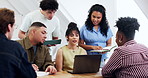 Woman, students and reading in class with laptop, online research and test results for knowledge. People, talking and pc at campus with tech, scholarship update and study group for education revision