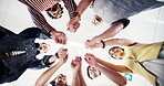 College, education and holding hands with friends, support and solidarity for academic development. University, low angle and happy people with scholarship, knowledge and students with motivation