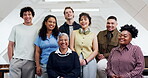 Face, team and happy in office for creative media career, news production and staff solidarity. Lead editor, journalist and people with laugh in newsroom for writing experience, ambition and about us