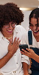 Couple, laugh and conversation in cafe with phone, online and bonding with funny social media post. Happy, people and discussion in restaurant with tech, internet meme and date with romantic partner.