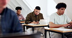 University student, writing and man with tablet in classroom, education and studying with research. College, notes and people with tech, knowledge and planning for assignment with info on website