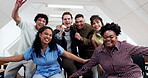 Face, team or excited in office for creative award recognition, exclusive scoop or staff celebration. Peace sign, journalist and people with fist pump for newsroom achievement, viral story and unity