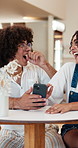 Phone, couple and laughing at cafe on date, talking or share post on social media for connection. Mobile, happy man and woman at coffee shop with funny meme, love and conversation with partner