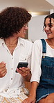 Couple, laugh and dance in restaurant with phone, funny sound or music playlist for bonding together. Happy, gen z people and date at cafe with tech, relationship and joke with movement to song.