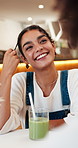 Couple, woman and matcha at cafe with date, bonding together or connection with boyfriend on weekend. Happy, person and drink beverage at coffee shop with romantic partner, flirting and relationship.