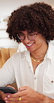 Man, phone and typing in cafe with laugh, funny social media post or customer with text message meme. Happy, person and relax in coffee shop with tech, internet and joke for digital communication.