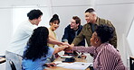 College students, smile and hand stack with friends, education and support for academic development. University, knowledge and happy people with scholarship, cheering and motivation in classroom