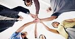 College, success and hand stack with friends, education and clapping for academic development or win. University, low angle and happy people with scholarship, cheering and celebration in classroom