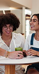 Couple, waiter and drinks in cafe with thank you, smile and cheers for bonding together on weekend. Happy, people dating and server in diner with coffee, matcha and celebration with customer service.