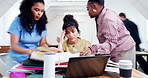 Student, laptop and group with chaos in university for academic pressure or overworked stress. Woman, overwhelmed or documents with colleagues or timelapse for project deadline or higher education