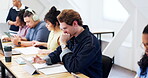College student, thinking and man with tablet in classroom, education or study with research on app. University, reflection and people with tech, writing and planning for assignment with info on web