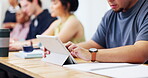 College student, online and hands with tablet in classroom, education or study with research on app. University, knowledge and people with tech, scroll and planning for assignment with info on web