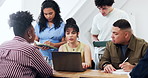 University, education and group with laptop, studying and planning for assignment or learn together. College students, talking and happy people with tech, writing and exam preparation with research
