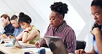 Writing, students and woman with laptop in university lecture hall, education and scholarship. Technology, person and study opportunity at college with research, academic class or learning with notes