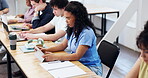 Notes, students and woman with tablet in university lecture hall, education and scholarship. Technology, person and study opportunity at college with research, academic class or learning with writing