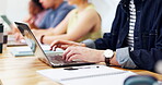 College, typing or hands in classroom with laptop, thesis research or assignment on education portal. Digital, man or student with tech, preparing assessment or university report in online submission