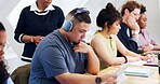 Tablet, students and man with headphones in university lecture hall, education and scholarship. Lecturer, person and study opportunity at college with technology, academic class or monitor for test