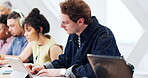 University student, notes and man with tablet in classroom, education or study with research on app. College, knowledge and people with tech, writing and planning for assignment with info on website