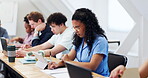 Writing, students and woman with tablet in university lecture hall, education and scholarship. Technology, person and study opportunity at college with research, academic class or learning with notes