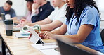 University, scroll and hands in class with tablet, thesis research or assignment on education portal. Digital, woman and student with tech, preparing assessment or college report in online submission