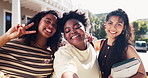 Selfie, face and students at college with peace sign for social media, memory and bonding on campus. Portrait, university and happy friends with photo, pov and emoji for education, learning and break