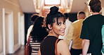 Face, woman and student at college with smile, scholarship and start semester for exchange program. Portrait, female person or walk in lobby for next lecture, university lesson and academic knowledge