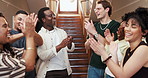 Happy, students and hands together in college with applause, education goals or success for learning. Friends, people and high five at university with celebration, knowledge and clap for community.