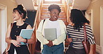 University, friends and walk on campus with laugh, conversation and funny joke for higher education. Happy, women and students talk at college with humor, hangout and break from academic course.