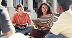 Woman, tablet and study group at university with discussion, learning together or explain assignment. Happy, people or students talk outdoor on college campus with tech, education or research project