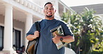 Outdoor, face and happy man with book, education and laughing with scholarship for academic growth. Confident, portrait and person with backpack, knowledge and smile for study opportunity at college