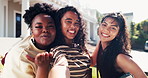 Happy, face and selfie of students at university for social media, memory and hangout on campus. Portrait, college and friends with photo, pov and blowing kiss for education, learning and break