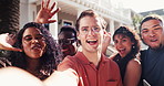 Selfie, face and friends at university excited for hangout, break and social media on campus. Outdoor, portrait and students with pov, picture and happy for education, learning or memory at college