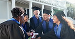 Excited, friends or diploma huddle for graduation pride, degree completion or qualification. Circle, people or happy with certificate for masters ceremony, celebration event or graduate class outdoor