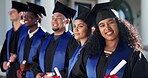 Graduation, face or woman on campus with degree, academic success or pride at college farewell. University, happy or student with diploma, accomplishment or educational milestone at certificate event