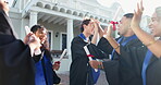 Excited, friends or high five at graduation for diploma completion, shared success or support. Applause, people or celebration with scroll outdoor for collective milestone, ceremony or graduate class