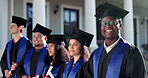 University, face or graduate on campus with crowd, academic success or pride at farewell event. College, happy man or student with laugh, accomplishment or educational achievement at degree ceremony.