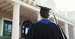 Back, student and man at college with graduation, youth development and memories of higher education. Person, walk and graduate outdoor on campus with future, goals or ceremony for university degree.