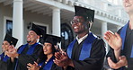 Smile, man and student applause for graduation ceremony, valedictorian speech or degree completion. Happy, class or clapping at campus event for PHD celebration, college graduate or classmate support