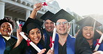Students, graduation and face at university for selfie, excited and picture for academic achievement. People, POV and photography at campus event with flare, diploma success and memory for yearbook