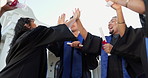 Excited, friends and high five at graduation for diploma, success or applause for degree completion. Cheering, people or clap with scroll on campus for collective achievement, goals or graduate class