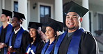 Graduation, face and man on campus with laugh, academic success and pride at college farewell. University, happy and student with humor, accomplishment and educational achievement at degree ceremony.