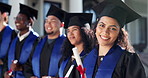 Graduation, face or woman on campus with diploma, academic success or pride at college farewell. University, happy or student with laugh, accomplishment or educational achievement at degree ceremony.