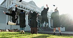 Jump, friends or cap throw for graduation ceremony, degree completion or support for new chapter. Flare, people or hat toss with back for PHD celebration, graduate class or collective success outdoor
