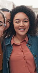 Women, face and selfie with friends in city, laugh and bonding together with memory and photography. Outdoor, portrait and happy people on break, connection and profile picture for social media post